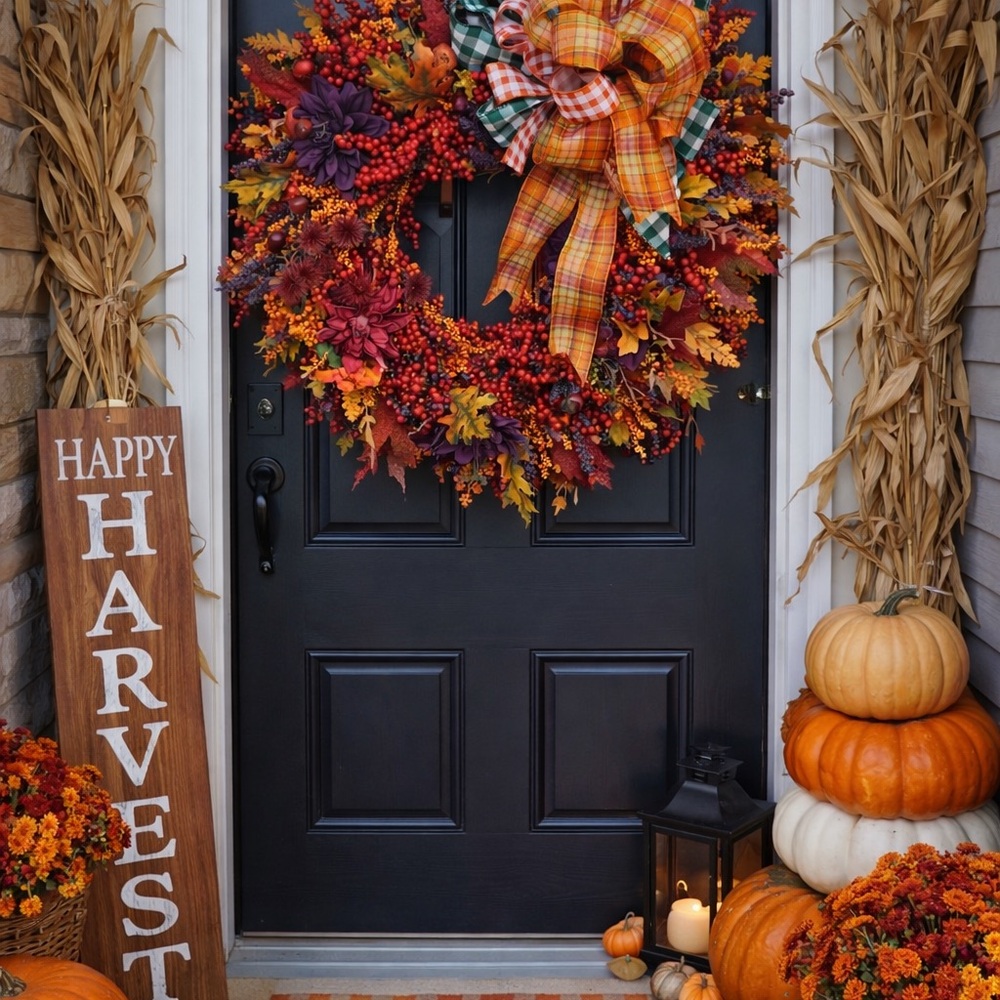 Autumn Harvest Fall Door Wreath with Orange Bow